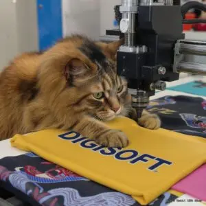 Cat on fabric near textile printer machinery.