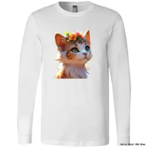 Cute cat with flower crown on white shirt
