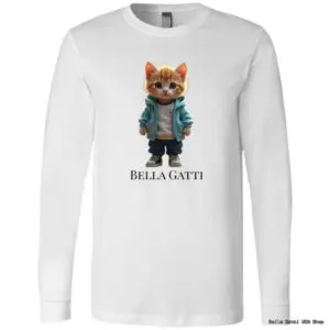 Shirt with cartoon cat, text 'Bella Gatti'
