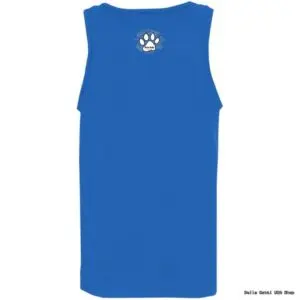 Royal blue tank top with a white and blue Bella Gatti paw print logo on the back.