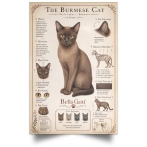 Illustrated guide detailing the physical characteristics and origins of the Burmese cat breed.