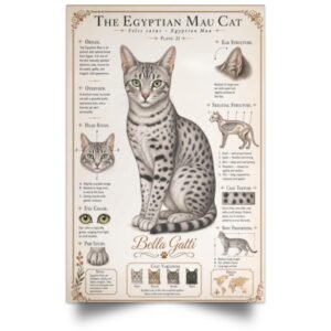 Detailed informational poster about the Egyptian Mau cat breed, featuring a spotted cat illustration and various