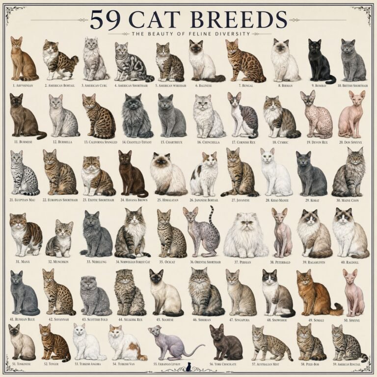 An illustrated chart displaying 59 different cat breeds, each labeled.