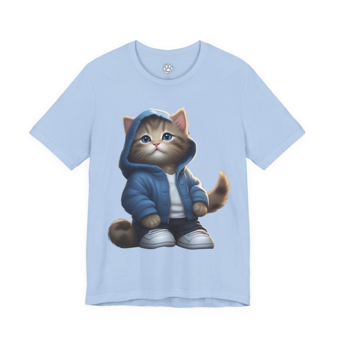 10011551966860831562_2048.jpeg T-shirt with a cute cat in a blue hoodie and sneakers.