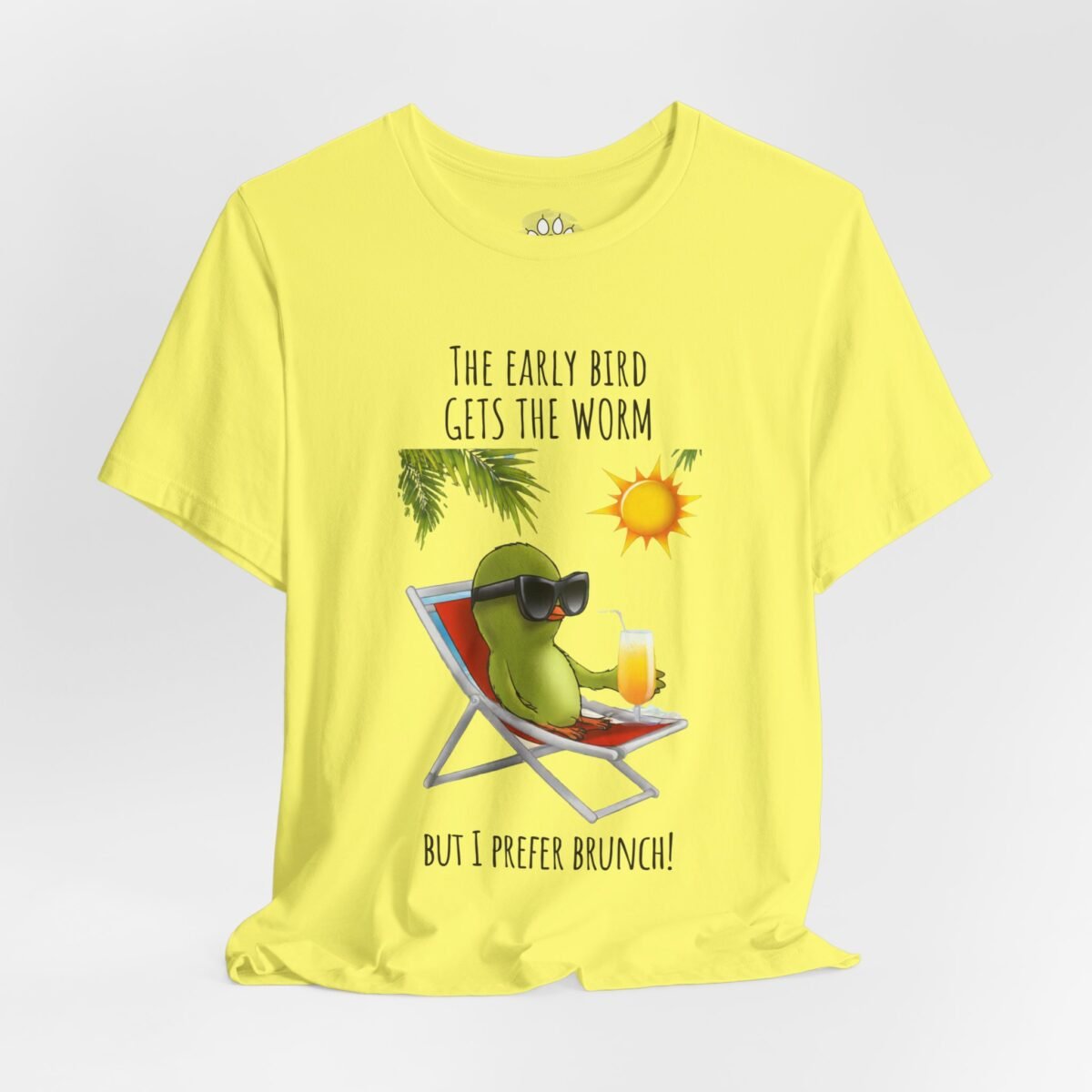 10102629116522329137_2048.jpeg Yellow t-shirt with a cartoon green bird in sunglasses relaxing in a beach chair with a drink, and the text "THE EARLY BIRD
