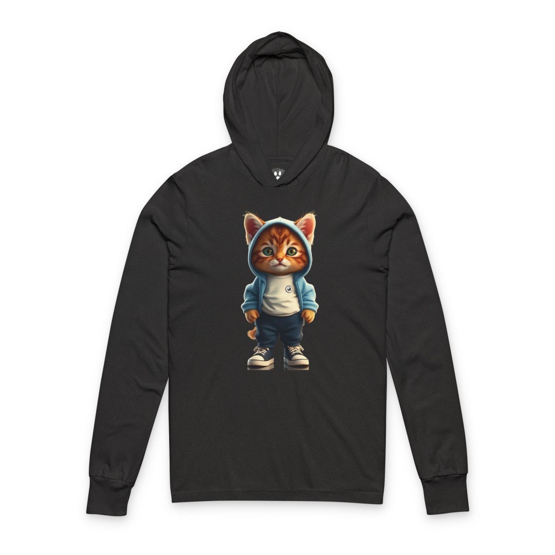 10116225164571547164_2048.jpeg Black hoodie featuring a cute cat in a blue hoodie and sneakers.