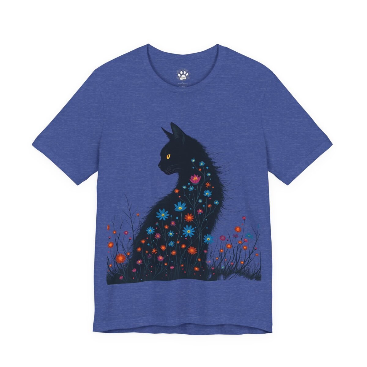 10355633580020133129_2048.jpeg Blue t-shirt with a black cat design covered in colorful flowers.