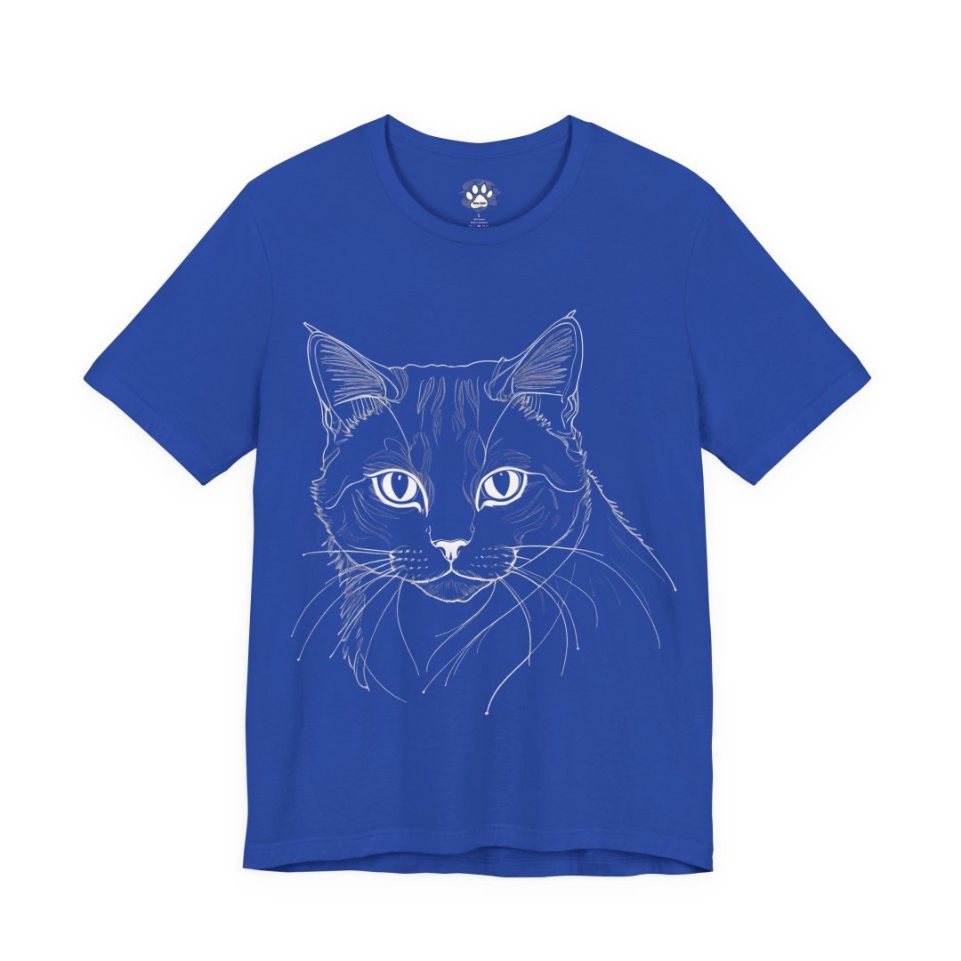 1051282164373560387_2048.jpeg Blue T-shirt with a white line drawing of a cat's face.