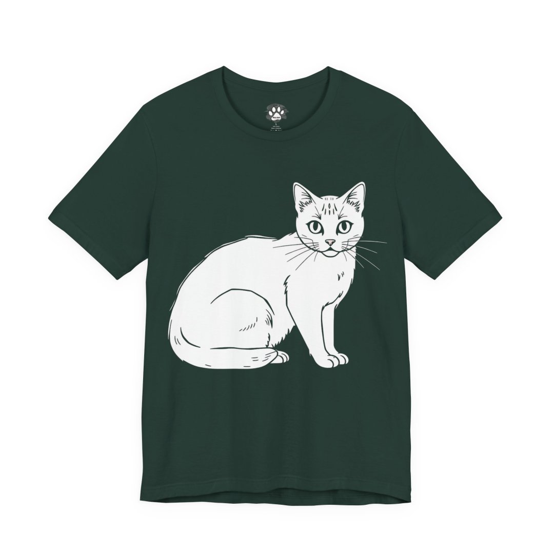 1064704529366071574_2048.jpeg Dark green t-shirt with a white sitting cat illustration.