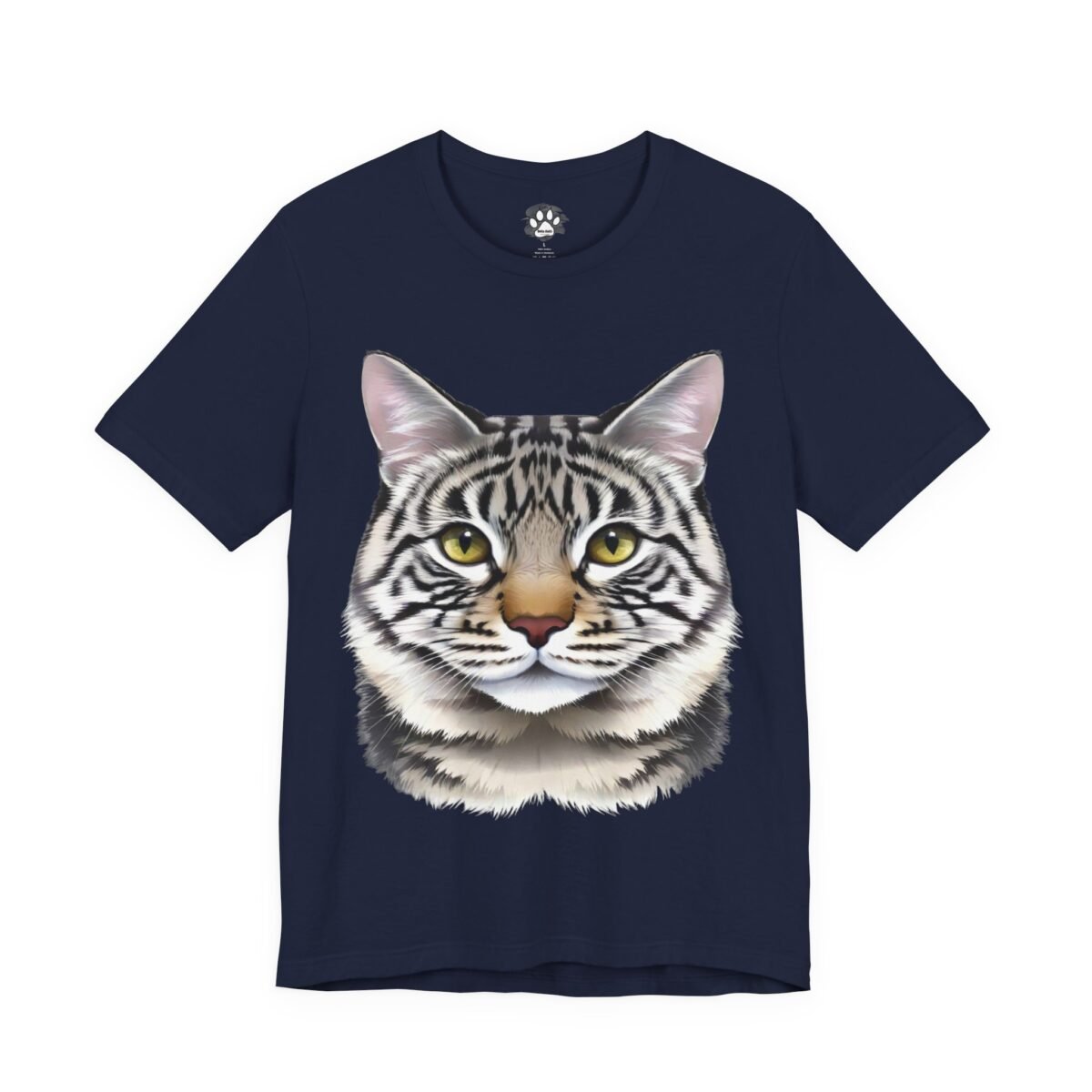 10795600920481313997_2048.jpeg Navy blue t-shirt featuring a realistic striped cat face.