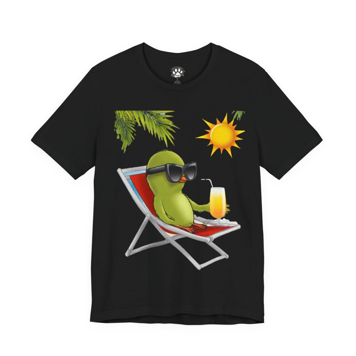 10819245326779033498_2048.jpeg Black t-shirt with a cartoon green bird in sunglasses relaxing in a beach chair with a drink.