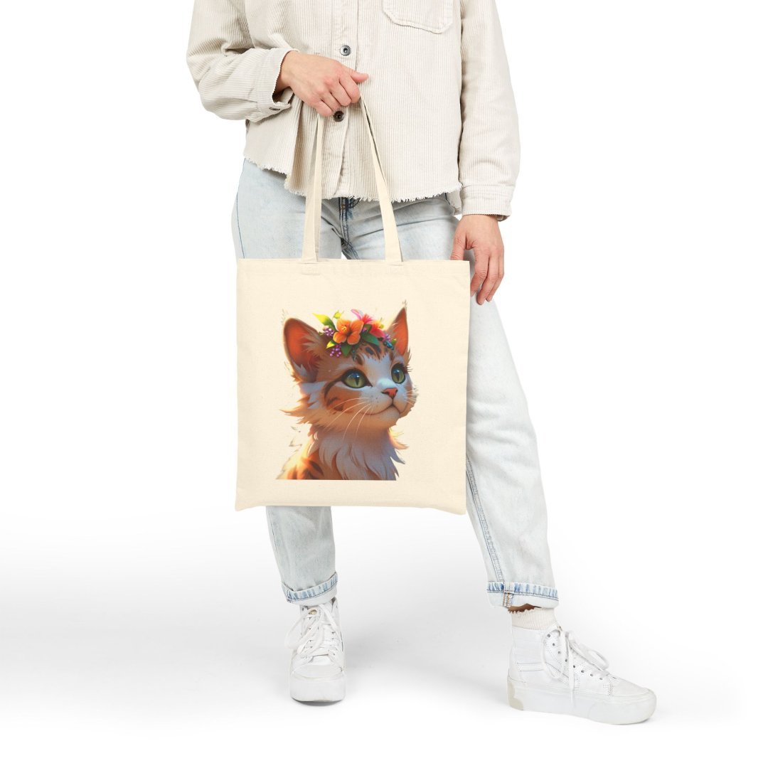 10885870948630647036_2048.jpeg Person holding a tote bag with a cute cat wearing a flower crown.