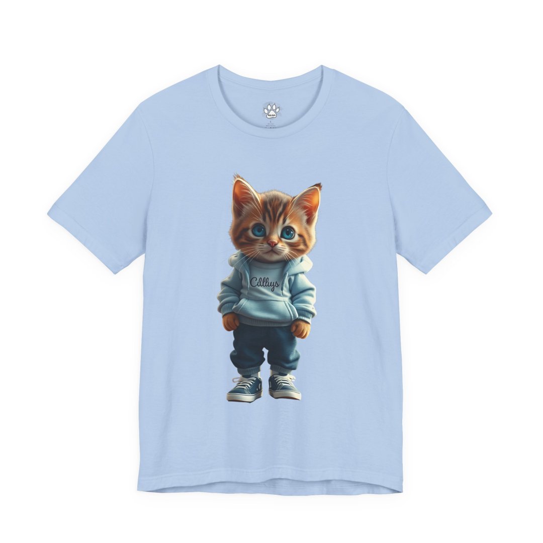 10934058173225002372_2048.jpeg Light blue t-shirt with a cute kitten in a hoodie and sneakers.