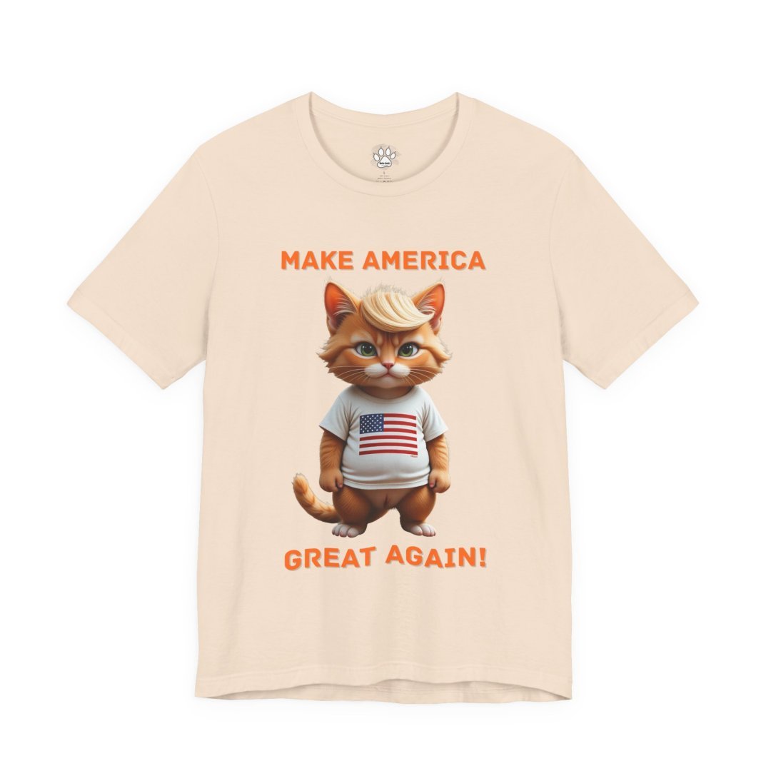 11167165265119681861_2048.jpeg T-shirt with a cartoon cat wearing an American flag shirt and text 'Make America Great Again'.