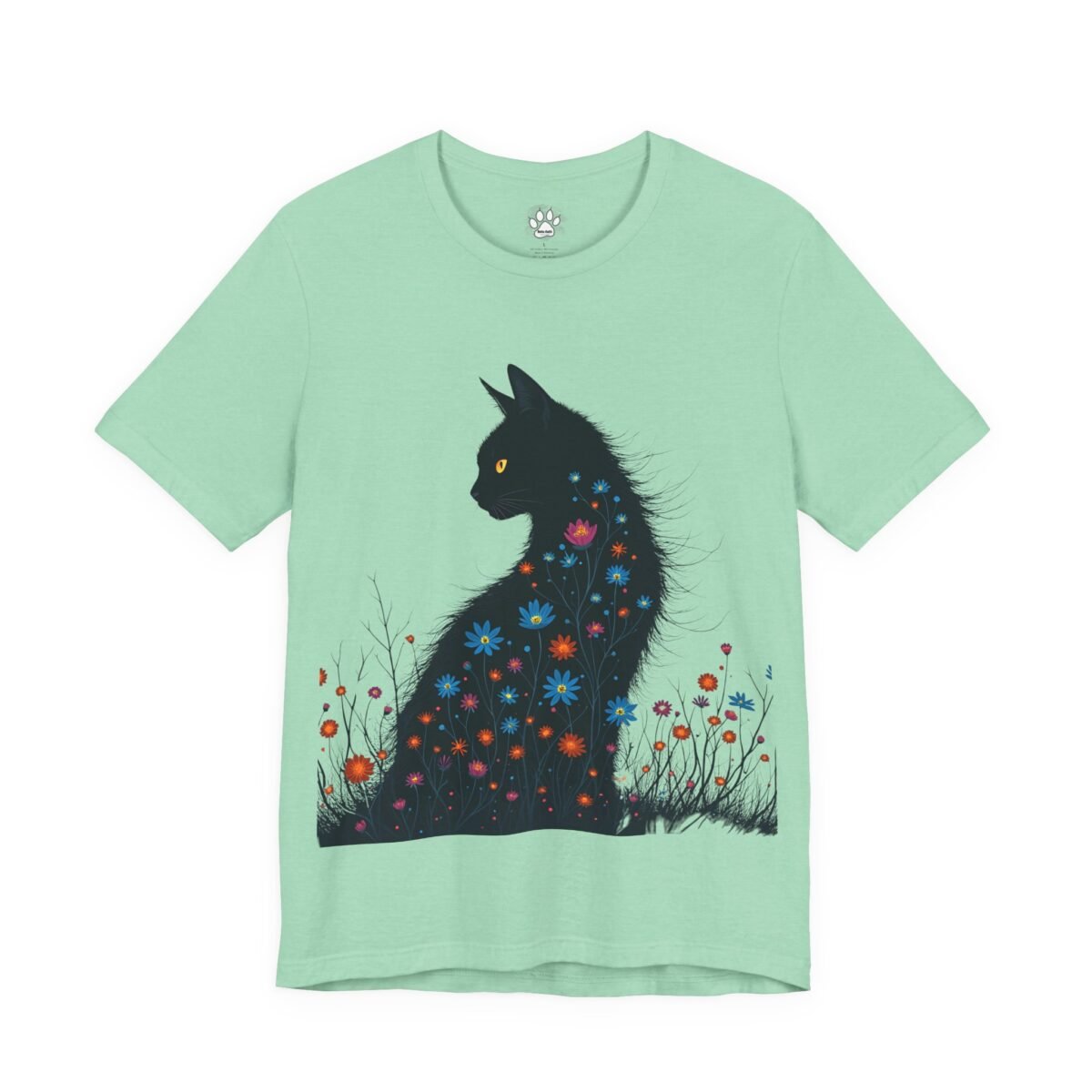 1129193403016510793_2048.jpeg Mint green t-shirt with a black cat silhouette blooming with colorful flowers.