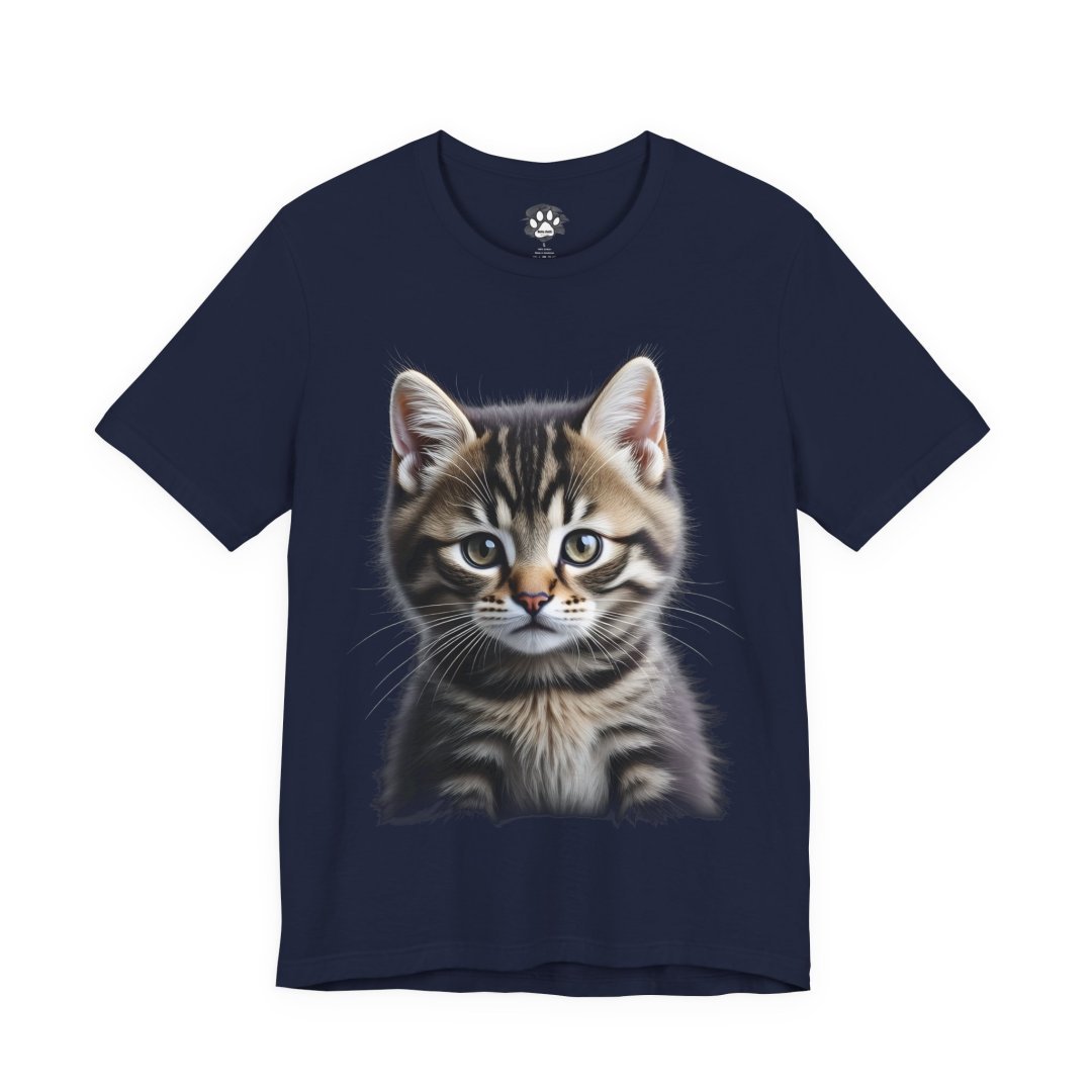 11346009621827340265_2048.jpeg Navy blue t-shirt with a realistic print of a tabby kitten on the front.