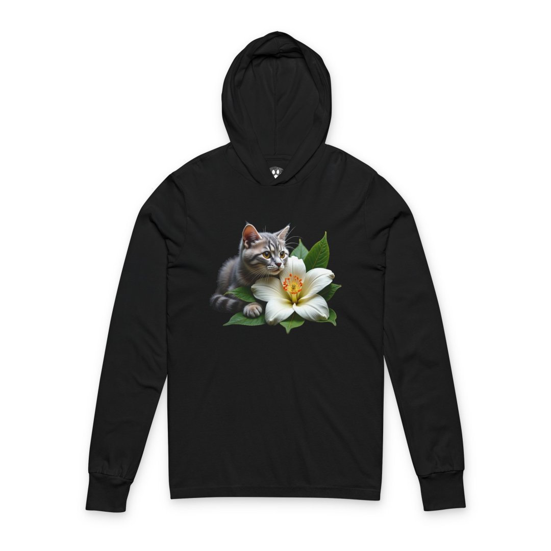 Black hoodie. Cat & Magnolia Hooded Long Sleeve Tee featuring a realistic gray tabby kitten beside a blooming white magnolia flower on a lightweight premium cotton hooded shirt for cat lovers, flower enthusiasts, and botanical fashion fans.