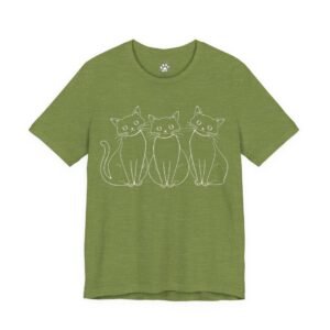 Patriotic Humor Kitty T-Shirt Three Cats Line Art Tee. Green t-shirt with a white outline drawing of three cats sitting side by side.