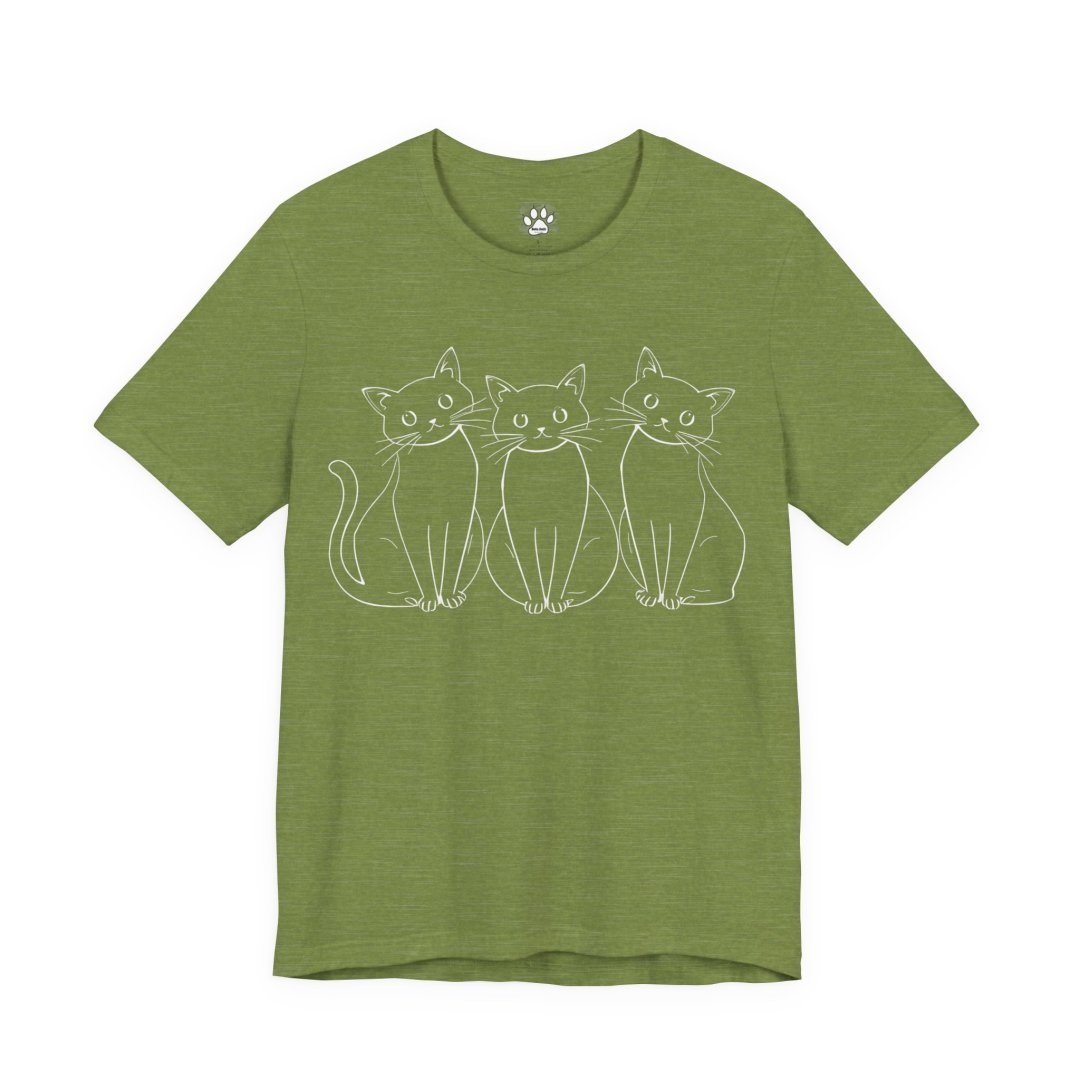 Three Cats Line Art Tee. Green t-shirt with a white outline drawing of three cats sitting side by side.