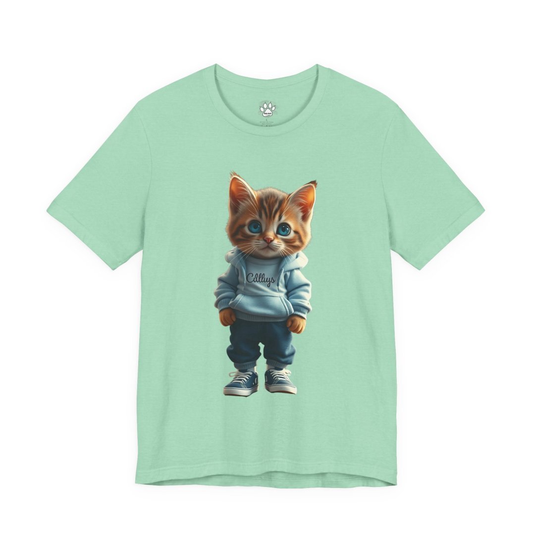 11576236902106408187_2048.jpeg Mint green t-shirt with a cute kitten in a hoodie and sneakers graphic.