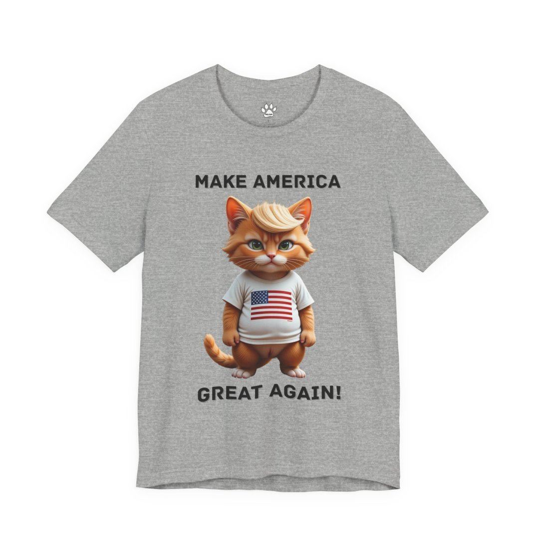 11665793794478193285_2048.jpeg Gray T-shirt with cartoon cat wearing American flag shirt and text 'Make America Great Again'.