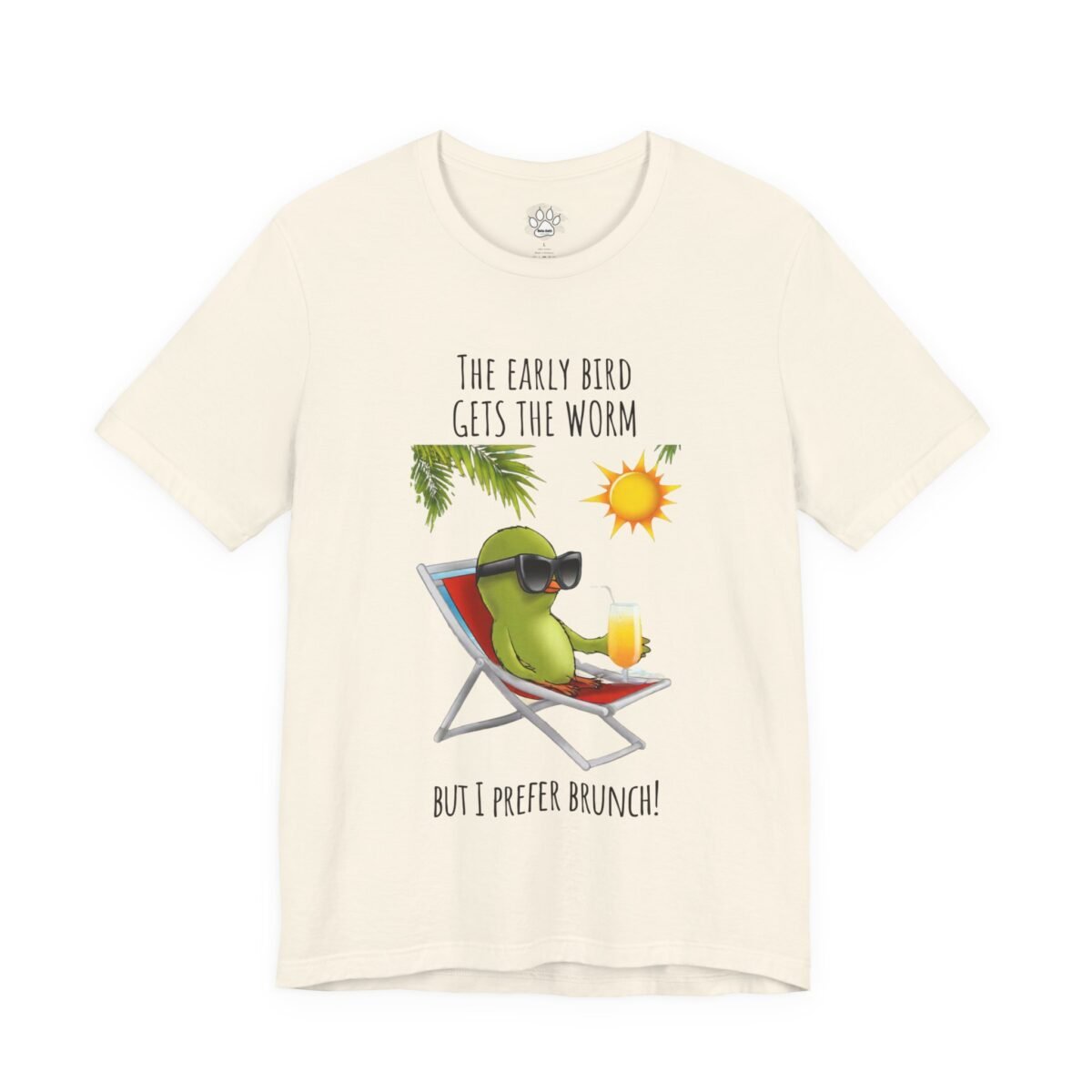 11727981753047094119_2048.jpeg Off-white t-shirt featuring a green bird in sunglasses relaxing in a beach chair with a drink, captioned "THE EARLY BIRD