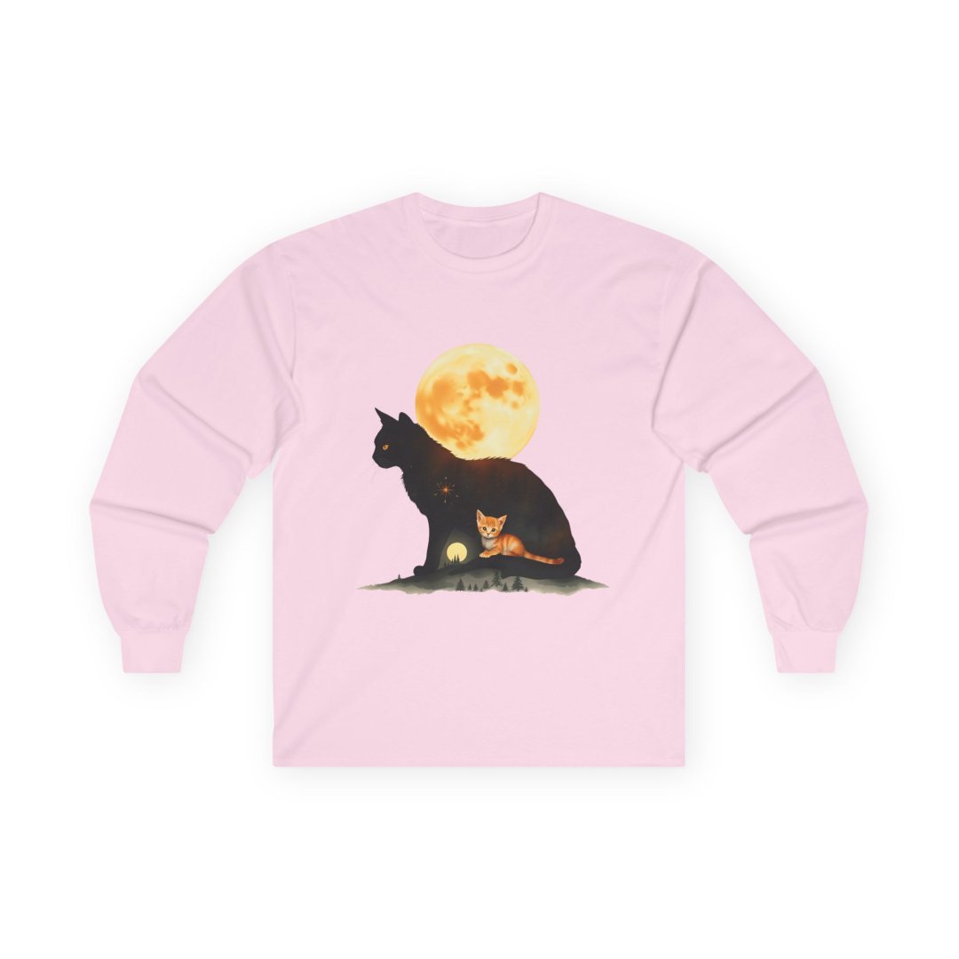 11738679417682826680_2048.jpeg Pink long-sleeve shirt with a black cat silhouette holding an orange kitten, under a full moon.