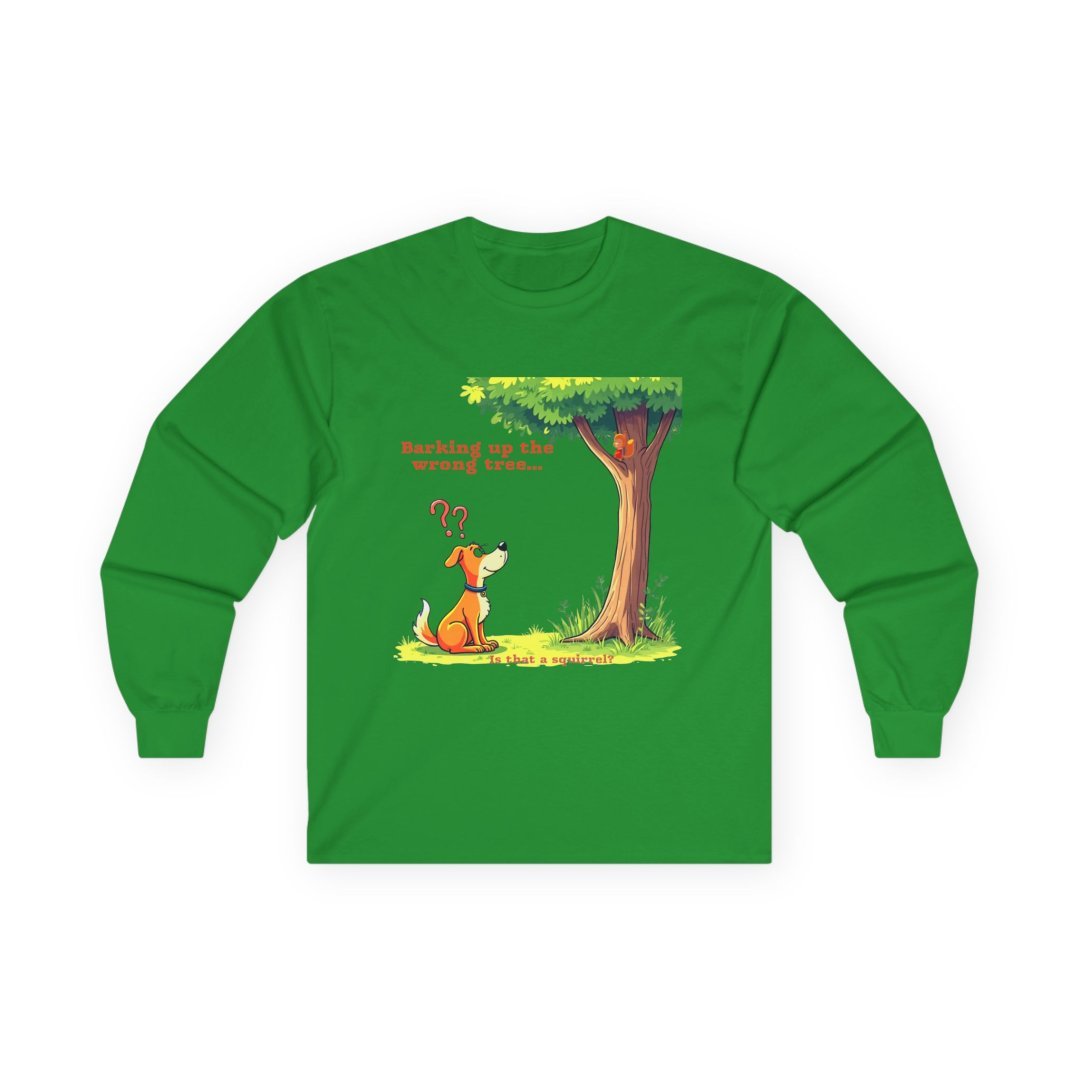 11919339146545635048_2048.jpeg Green long-sleeve shirt with a cartoon dog barking at a tree.
