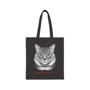 Bella Gatti Tote Bag – Reusable Cat Lover Carryall Bella Gatti Canvas Tote Bag. Black tote bag with a detailed cat illustration and 'Bella Gatti' text.
