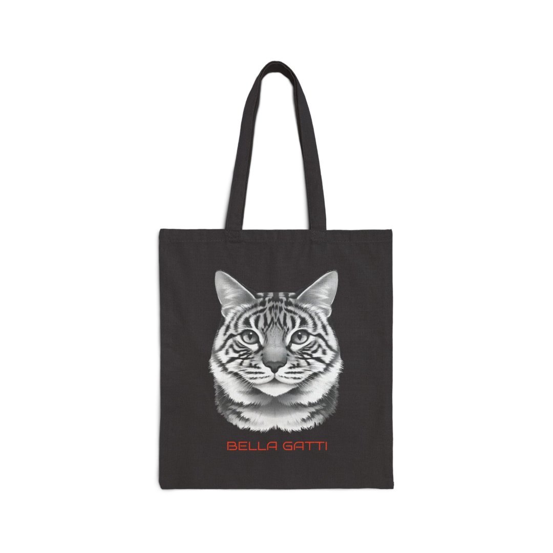 Bella Gatti Canvas Tote Bag. Black tote bag with a detailed cat illustration and 'Bella Gatti' text.