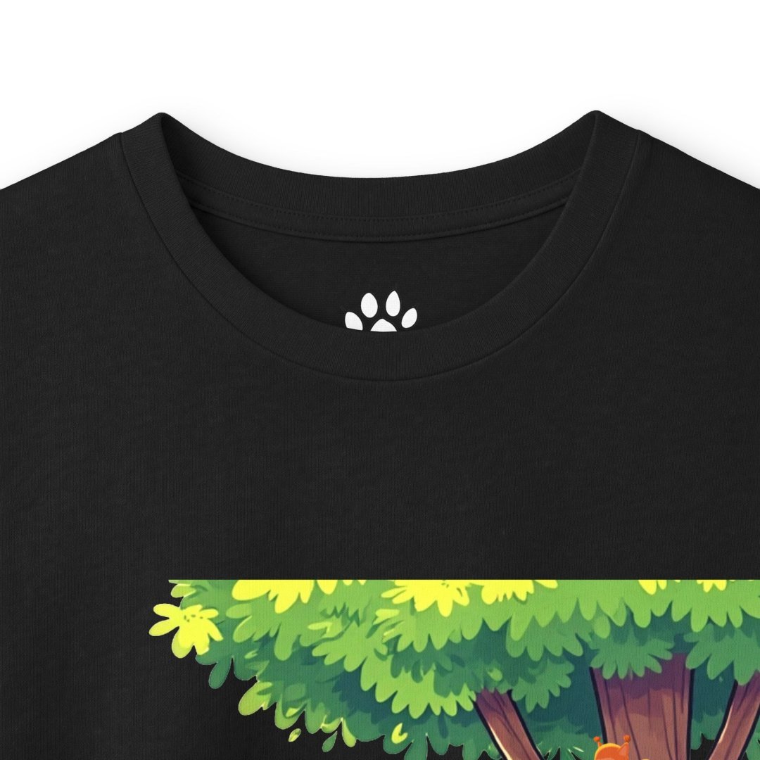 12155341267293294584_2048.jpeg Black t-shirt with a colorful forest design featuring a fox.