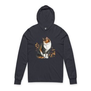 Cat & Kitten Moonlight Hooded Long-Sleeve Tee Calico Cat Illustration Lightweight Hooded Long Sleeve Tee