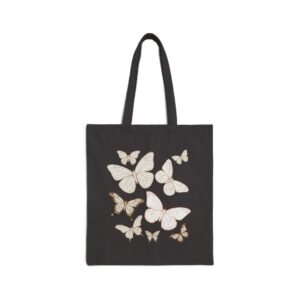 Snowboarding Cat Canvas Tote Bag Butterfly Garden Cotton Tote Bag. Black tote bag with white and brown butterfly design.