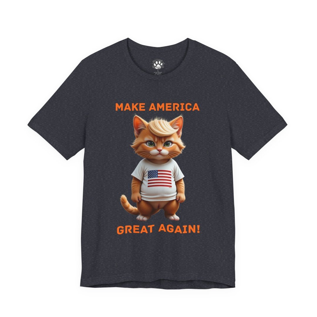 12361803810028727279_2048.jpeg T-shirt with a cat wearing an American flag shirt and text 'Make America Great Again'.