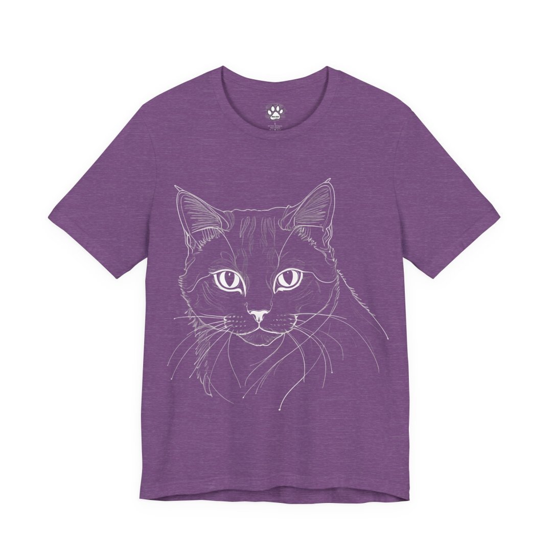 12364954582723292950_2048.jpeg Purple t-shirt with a white line drawing of a cat's face.