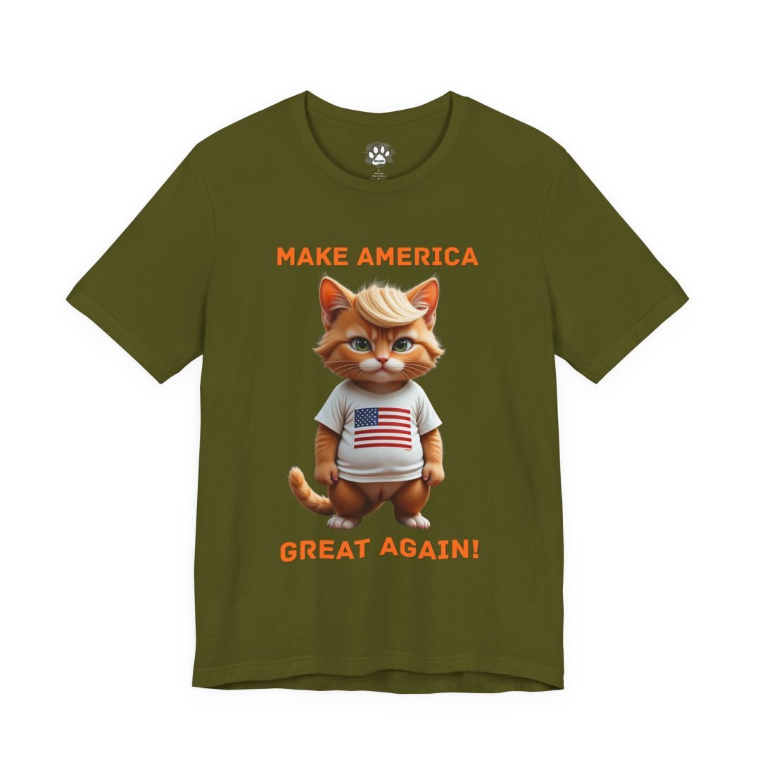 12372343458738672262_2048.jpeg Olive green t-shirt with a cartoon cat wearing an American flag shirt.