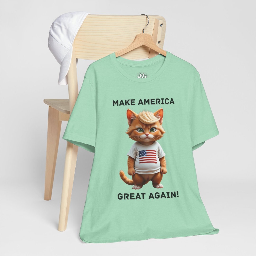 12445560718212576644_2048.jpeg Mint green t-shirt with cartoon cat and 'Make America Great Again!' text.