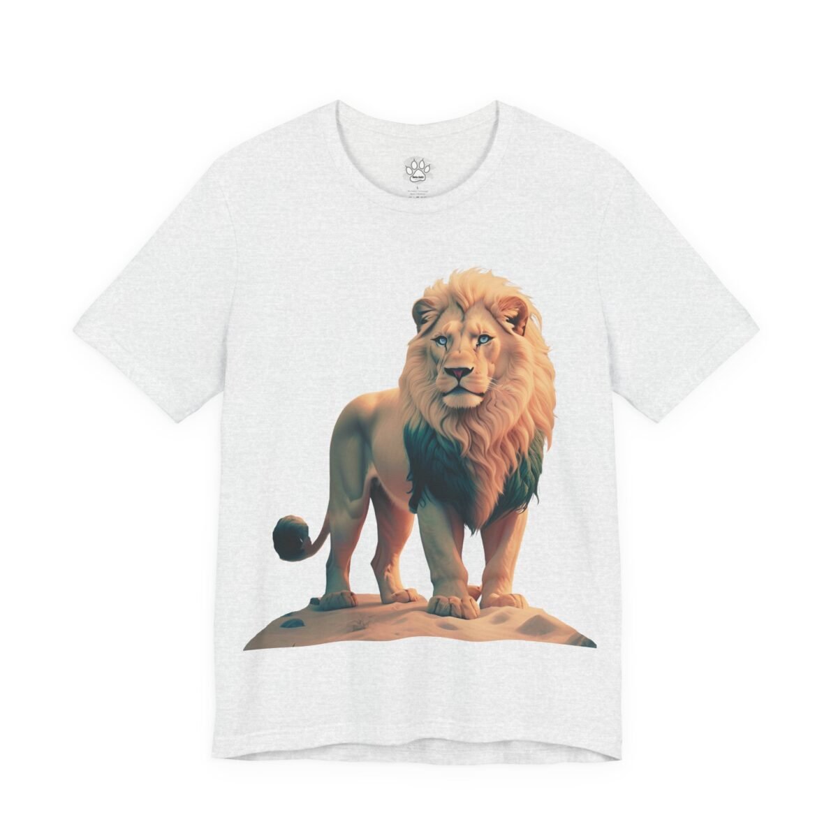 12451103184558038870_2048-1.jpeg Light grey t-shirt featuring an illustration of a blonde lion with a dark teal lower mane, standing on sand.
