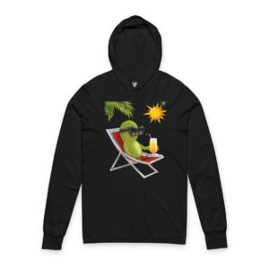 Barking Up the Wrong Tree Hooded Long Sleeve Tee Relaxing Birdie Lounge Hooded Tee in black showing crossover V-neck detail, long sleeves, and tropical bird graphic print.