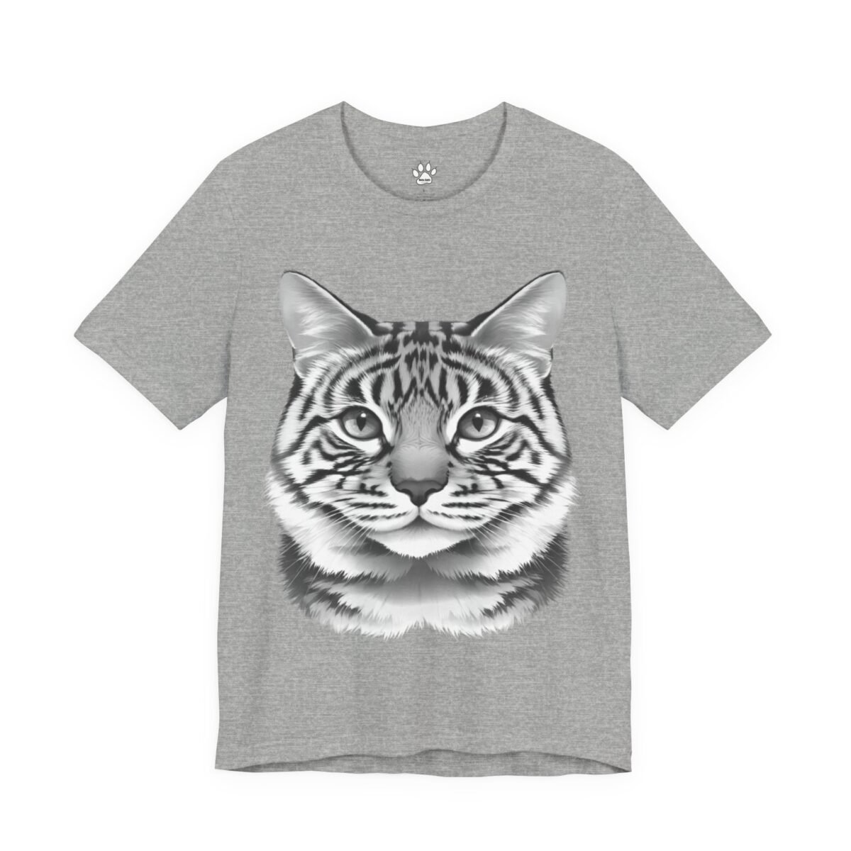12579046750864288451_2048.jpeg Grey t-shirt with a black and white striped cat face print.