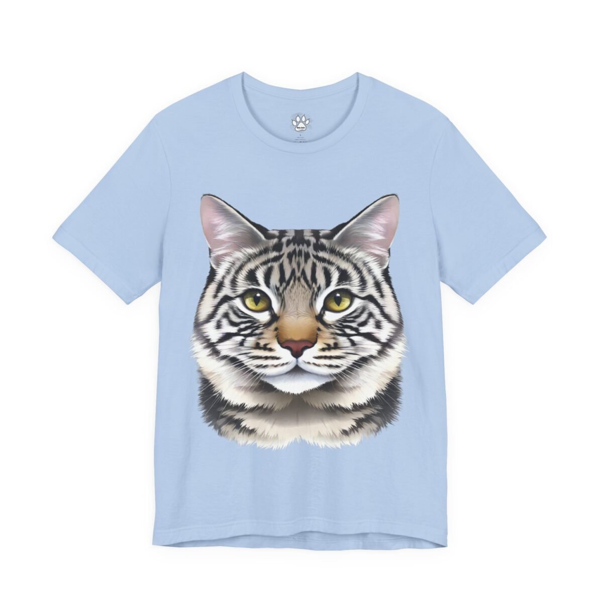 12686155122677095633_2048.jpeg Light blue t-shirt with a realistic tabby cat face.