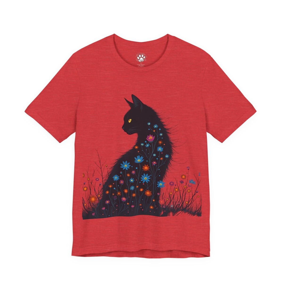 12849977918445870587_2048.jpeg Red t-shirt featuring a black cat with its body filled with colorful flowers.