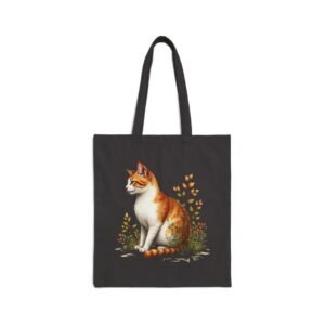 Black Cat Cotton Canvas Tote Bag Ginger Cat Canvas Tote Bag. Tote bag with an illustration of an orange and white cat sitting among autumn leaves.