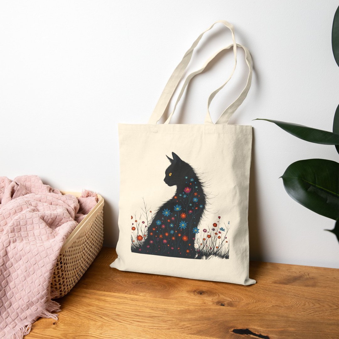 13123279255806059163_2048.jpeg Canvas tote bag with a cat silhouette and floral design.