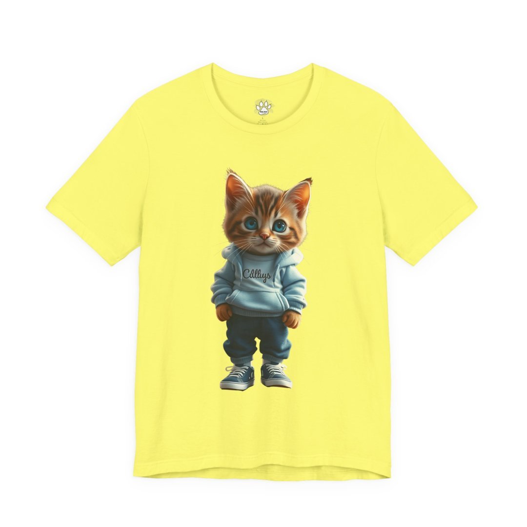 13226884615386771623_2048.jpeg Yellow T-shirt with cute kitten in hoodie illustration.