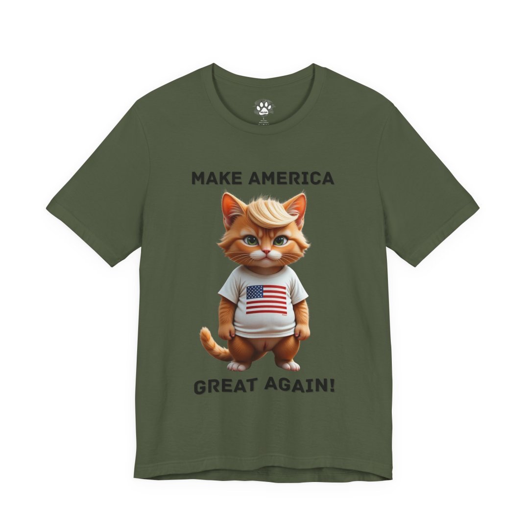 13267417694856722025_2048.jpeg T-shirt with a cartoon cat wearing an American flag shirt and text 'Make America Great Again'.