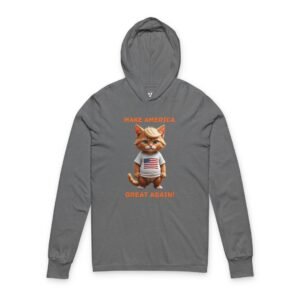 Tabby Kitten Portrait Hooded Long Sleeve Tee Gray hoodie with a cartoon cat wearing a USA shirt and 'Make America Great Again' text.