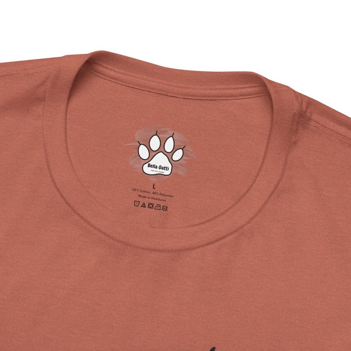 13594664538337701751_2048.jpeg Burnt orange t-shirt with a "Bella Gatti For Cat Lovers" paw print neck label.
