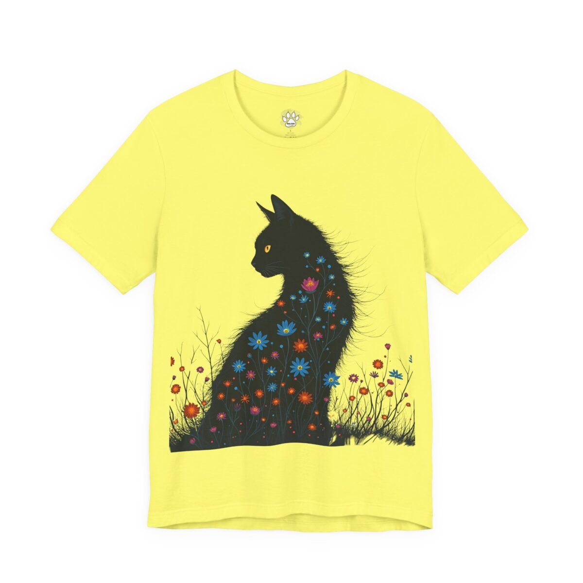13782711595183983826_2048.jpeg Yellow t-shirt with a black cat silhouette blooming with colorful flowers.