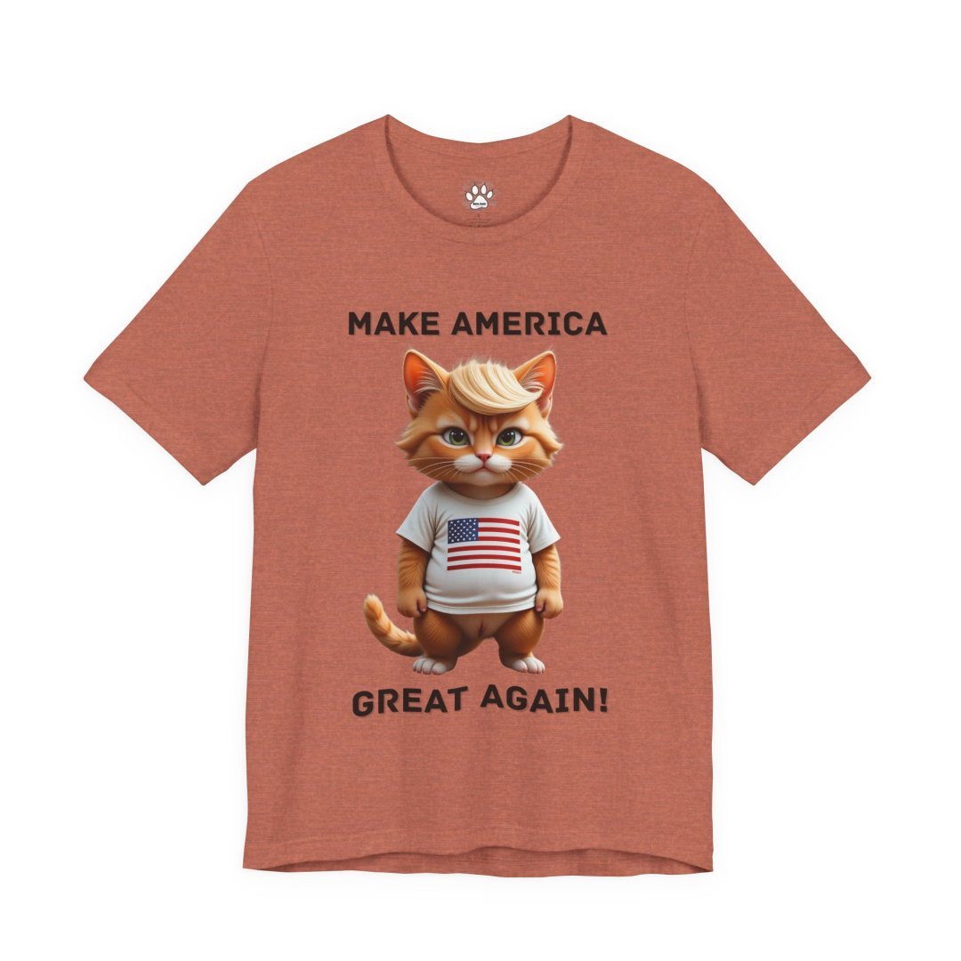 13886001440135032972_2048.jpeg T-shirt with a cartoon cat wearing an American flag shirt and text 'Make America Great Again'.